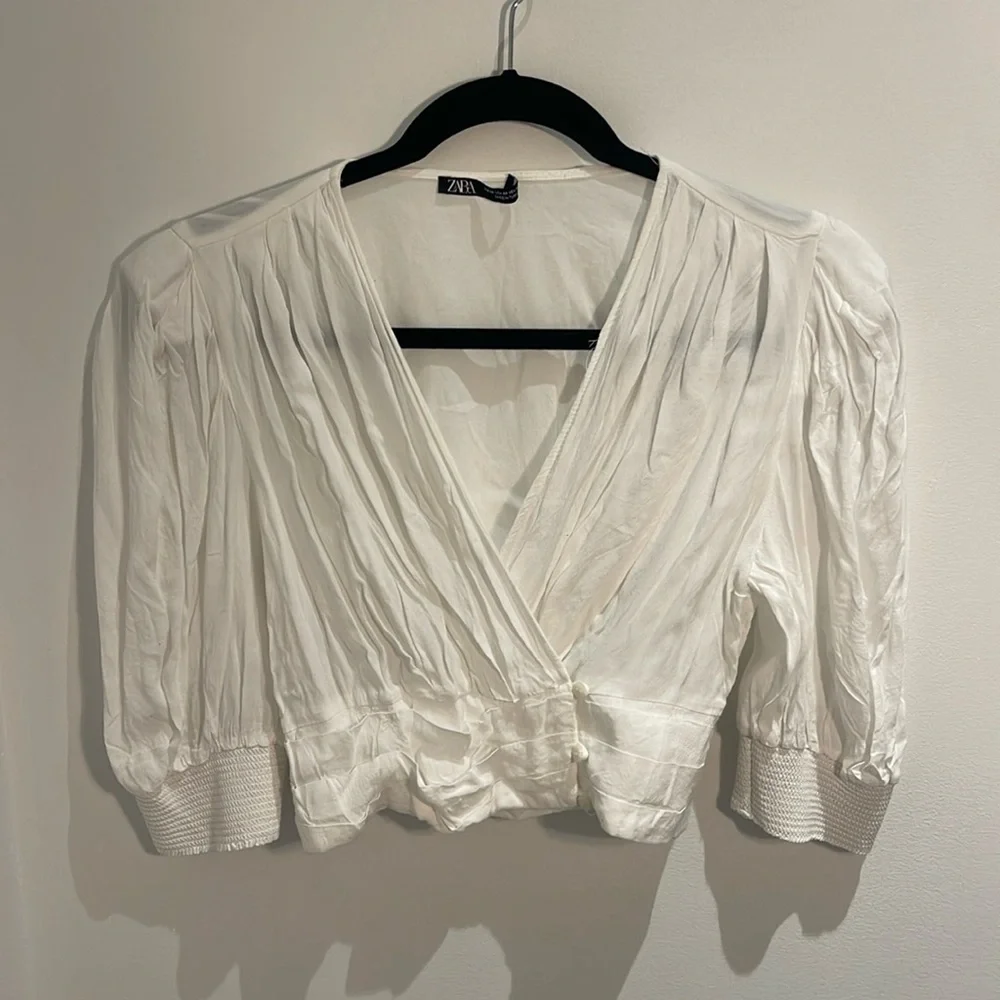 Zara White Wrap Front Puff Sleeve Cropped Blouse Top Size M Romantic